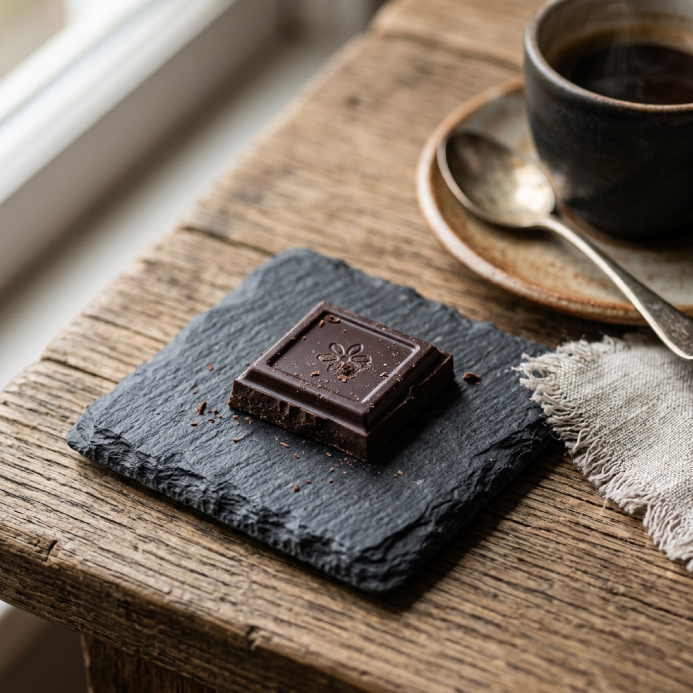 Dark chocolate pieces on a plate