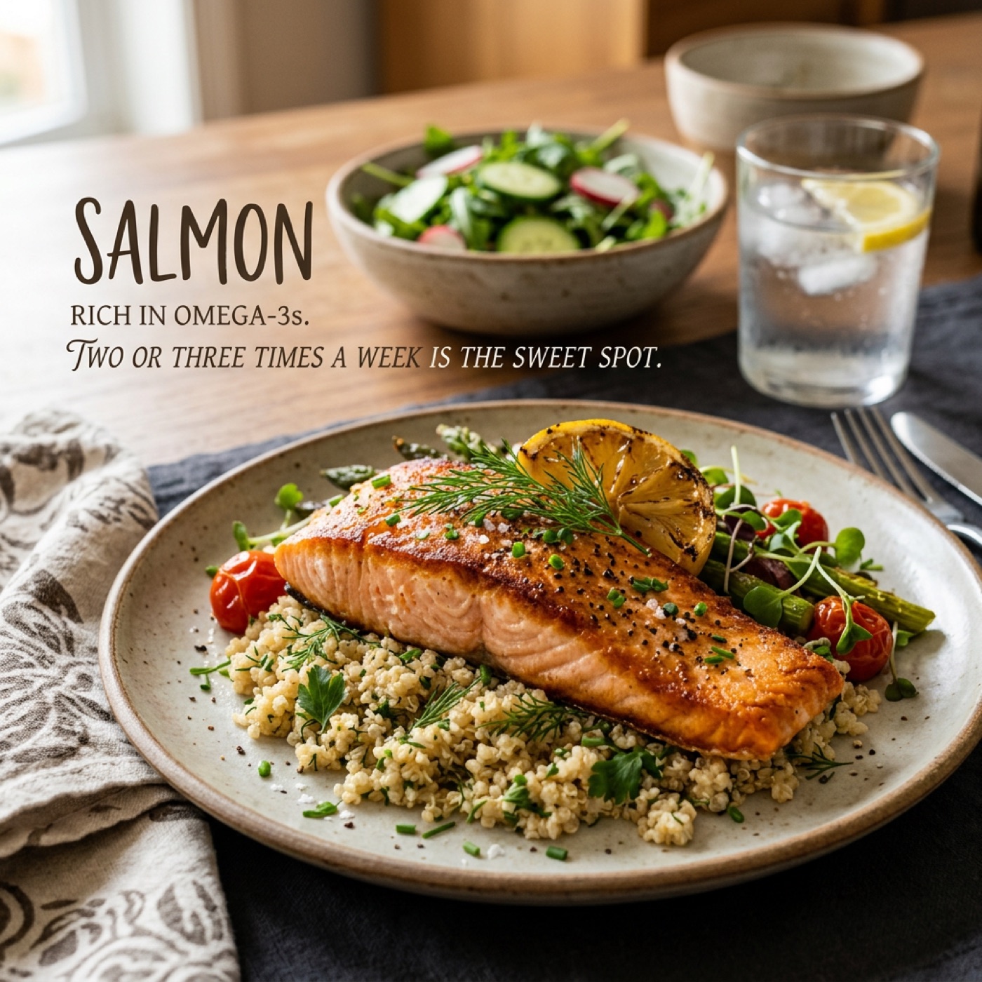 Salmon served with vegetables